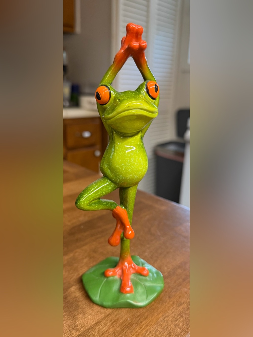 Whimsical Yoga Frog Figurine Tree Pose Green & Orange 7.5” Zen Decor